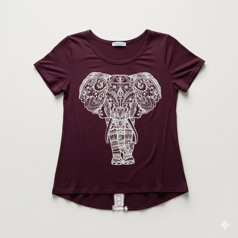Moonchild Small Maroon Elephant Graphic Hi-lo Women's Short Sleeve Top EUC